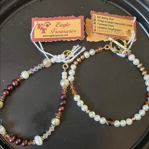 Eagle Treasures Pearl & Crystal Beaded Bracelet Set - White, Brown, Gold